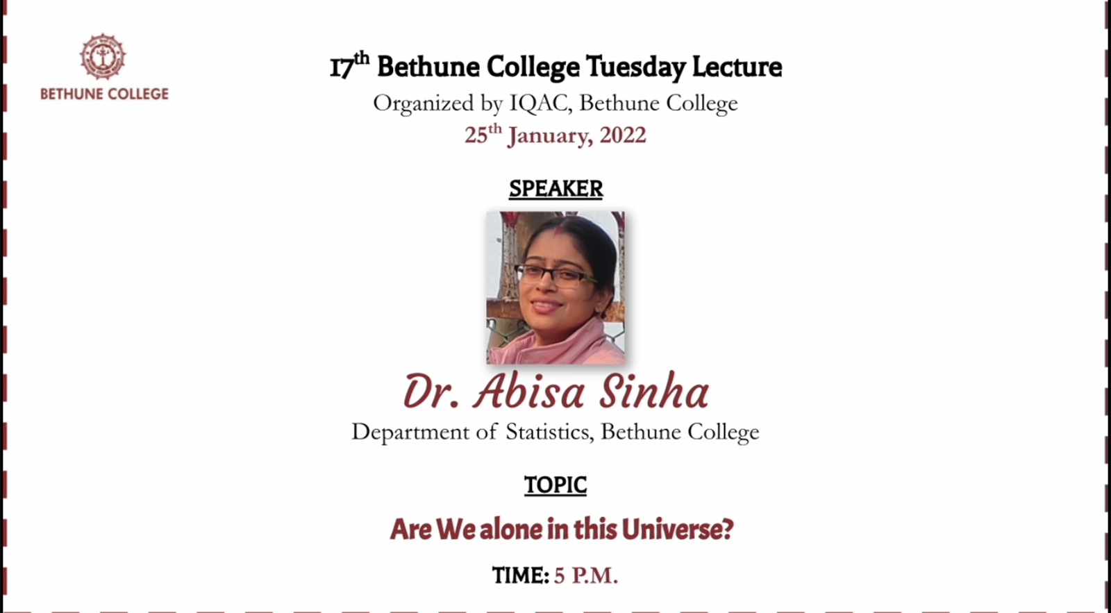 Tuesday Lecture 17 : 25 Jan 2022